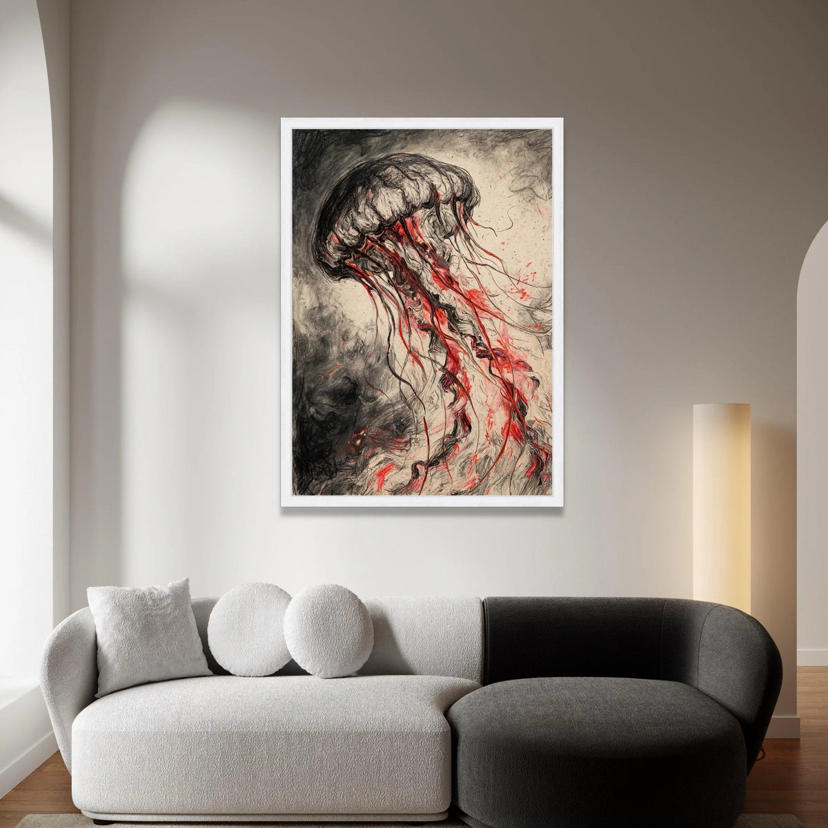 Dark Jellyfish Canvas Wall Art, Red Tentacles Ocean Life, Abstract Marine Creature, Ocean Depths Decoration, Modern Canvas Print Art