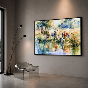 Tranquil Countryside Scene, Cows by Water Canvas, Pastoral Landscape Wall Art, Farm Animal Canvas, Nature Reflection Canvas Print Art
