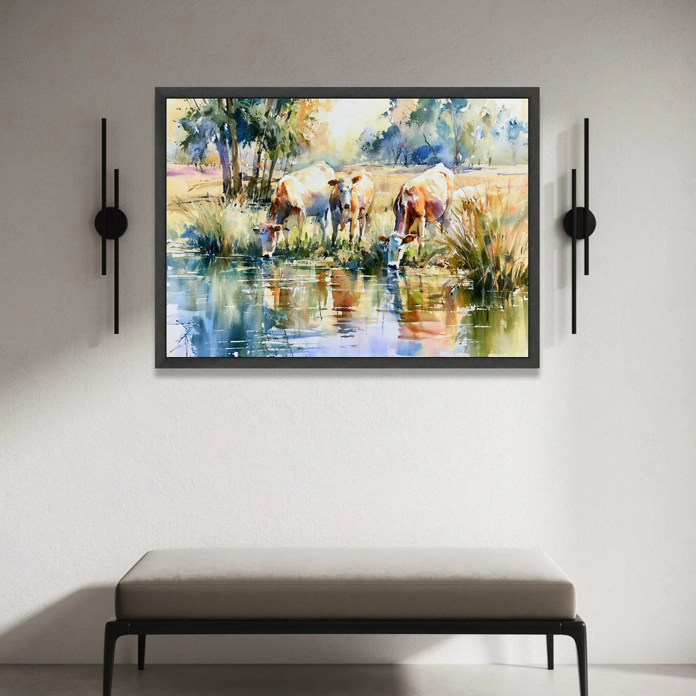 Tranquil Countryside Scene, Cows by Water Canvas, Pastoral Landscape Wall Art, Farm Animal Canvas, Nature Reflection Canvas Print Art