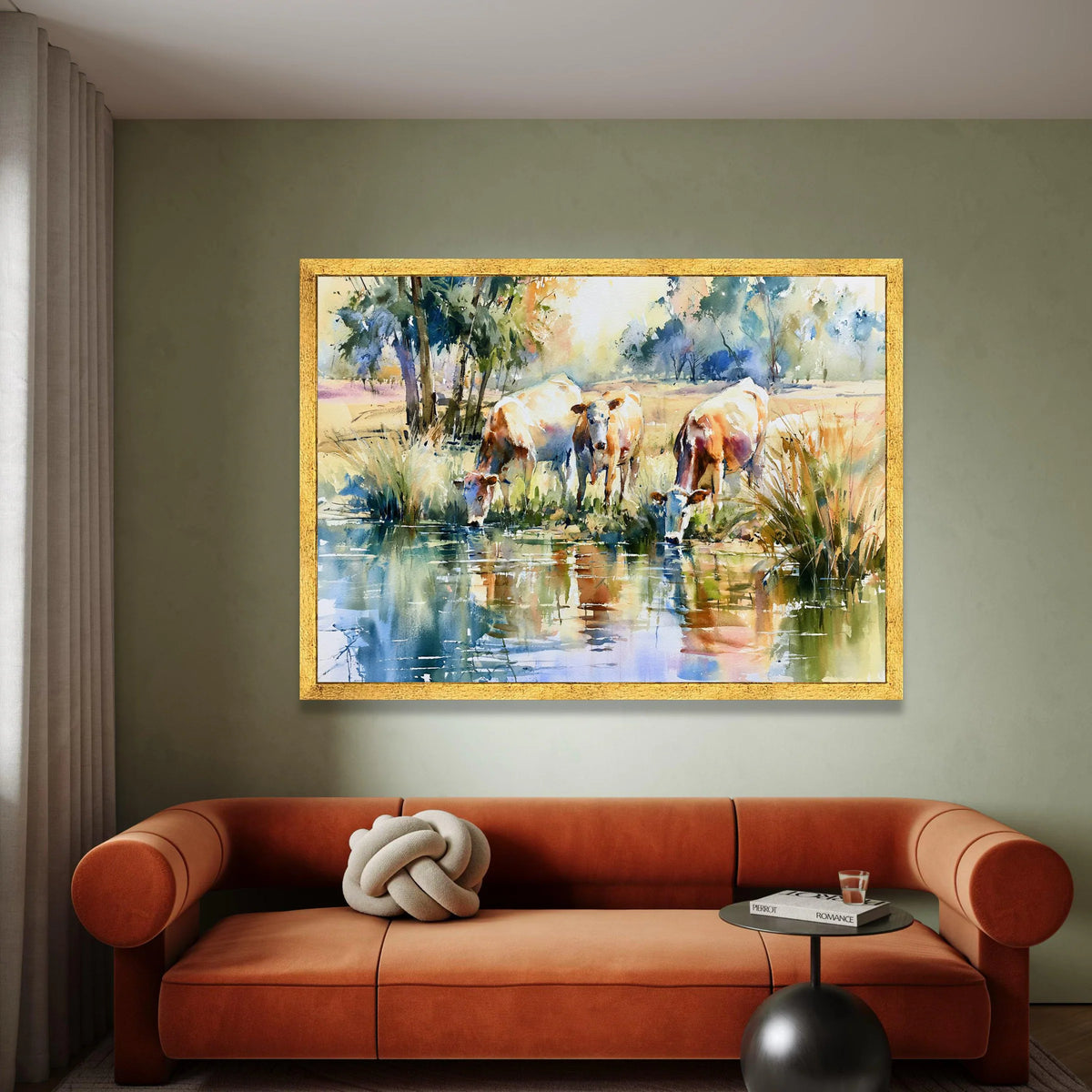 Tranquil Countryside Scene, Cows by Water Canvas, Pastoral Landscape Wall Art, Farm Animal Canvas, Nature Reflection Canvas Print Art