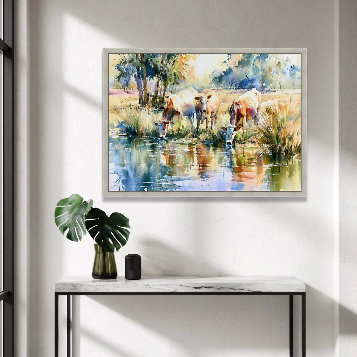 Tranquil Countryside Scene, Cows by Water Canvas, Pastoral Landscape Wall Art, Farm Animal Canvas, Nature Reflection Canvas Print Art