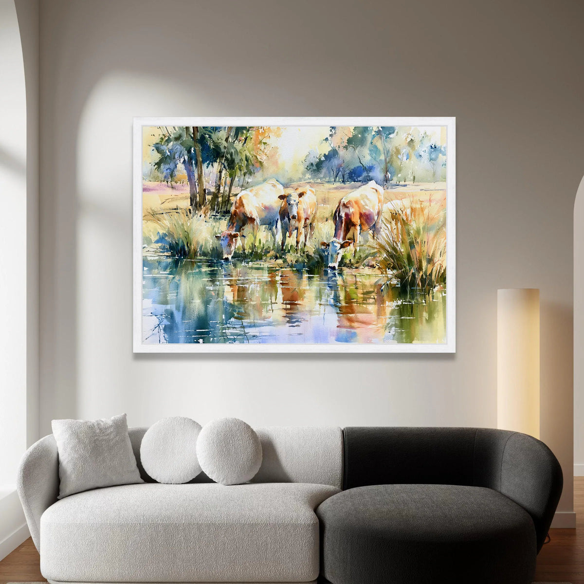 Tranquil Countryside Scene, Cows by Water Canvas, Pastoral Landscape Wall Art, Farm Animal Canvas, Nature Reflection Canvas Print Art