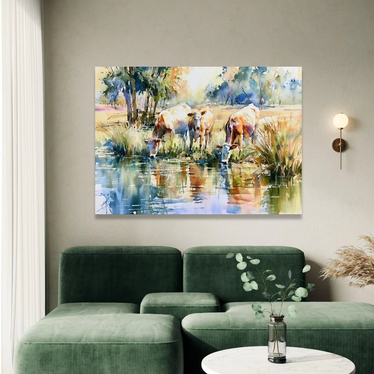 Tranquil Countryside Scene, Cows by Water Canvas, Pastoral Landscape Wall Art, Farm Animal Canvas, Nature Reflection Canvas Print Art