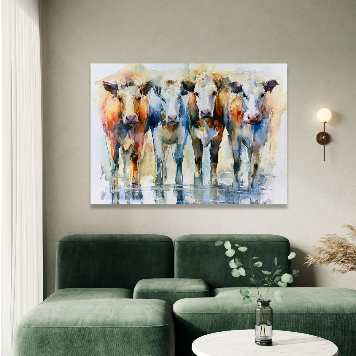 Watercolor Cow Portraits Canvas, Farm Animal Wall Art, Rustic Country Home Decor, Four Cows Canvas Print, Modern Farmhouse Canvas Print Art