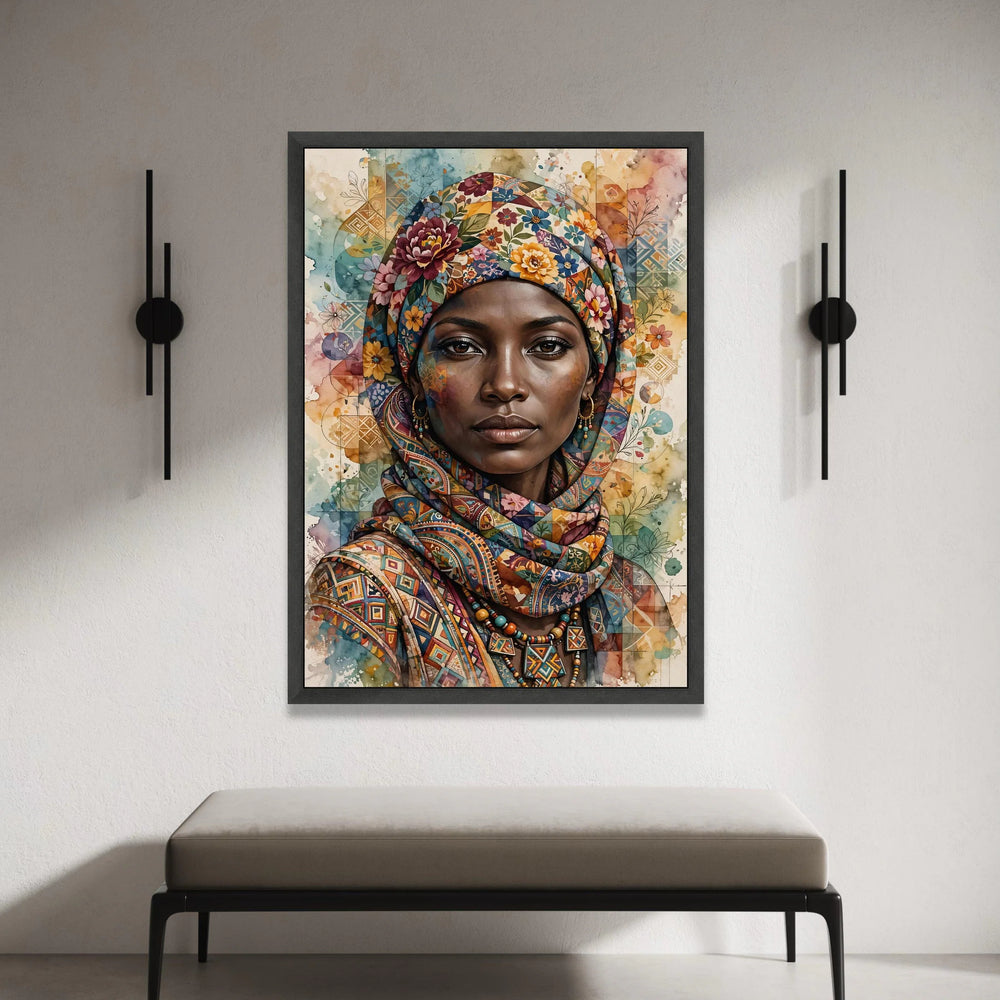 Vibrant African Woman Portrait Canvas, Floral Headwrap Wall Art, Ethnic Fashion Canvas, Colorful Decorative Art Piece, Canvas Print Art