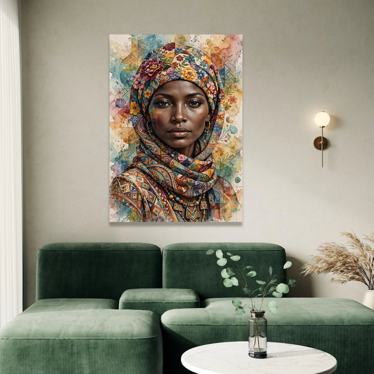 Vibrant African Woman Portrait Canvas, Floral Headwrap Wall Art, Ethnic Fashion Canvas, Colorful Decorative Art Piece, Canvas Print Art
