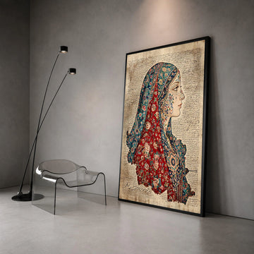Vintage Persian Woman Portrait Canvas, Floral Turkish Carpet Design, Elegant Profile Wall Art, Middle Eastern Calligraphy Canvas Print Art
