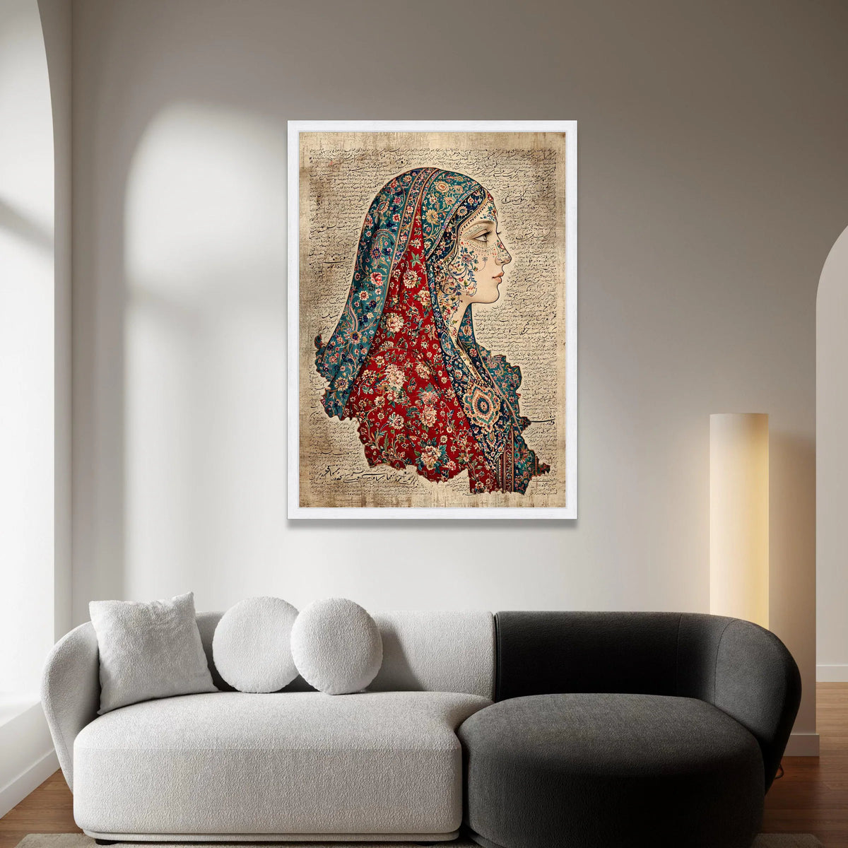 Vintage Persian Woman Portrait Canvas, Floral Turkish Carpet Design, Elegant Profile Wall Art, Middle Eastern Calligraphy Canvas Print Art