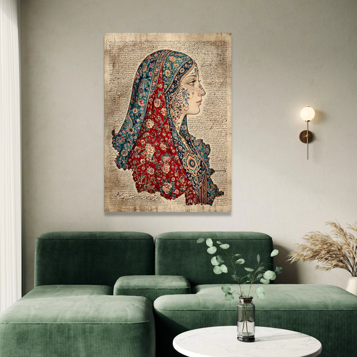 Vintage Persian Woman Portrait Canvas, Floral Turkish Carpet Design, Elegant Profile Wall Art, Middle Eastern Calligraphy Canvas Print Art