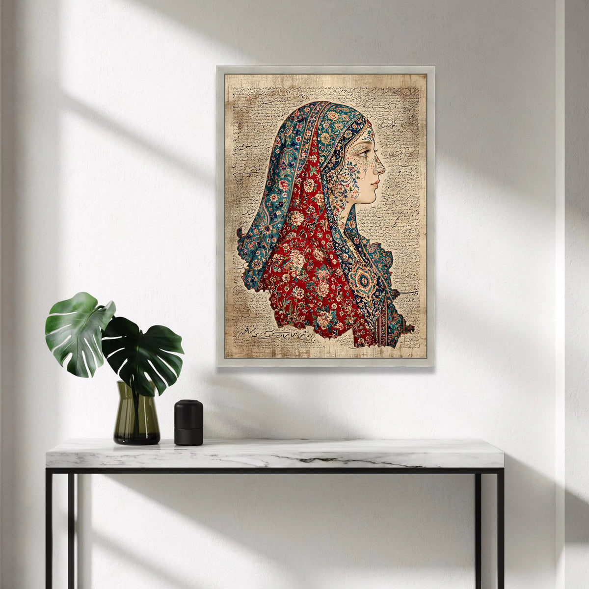 Vintage Persian Woman Portrait Canvas, Floral Turkish Carpet Design, Elegant Profile Wall Art, Middle Eastern Calligraphy Canvas Print Art