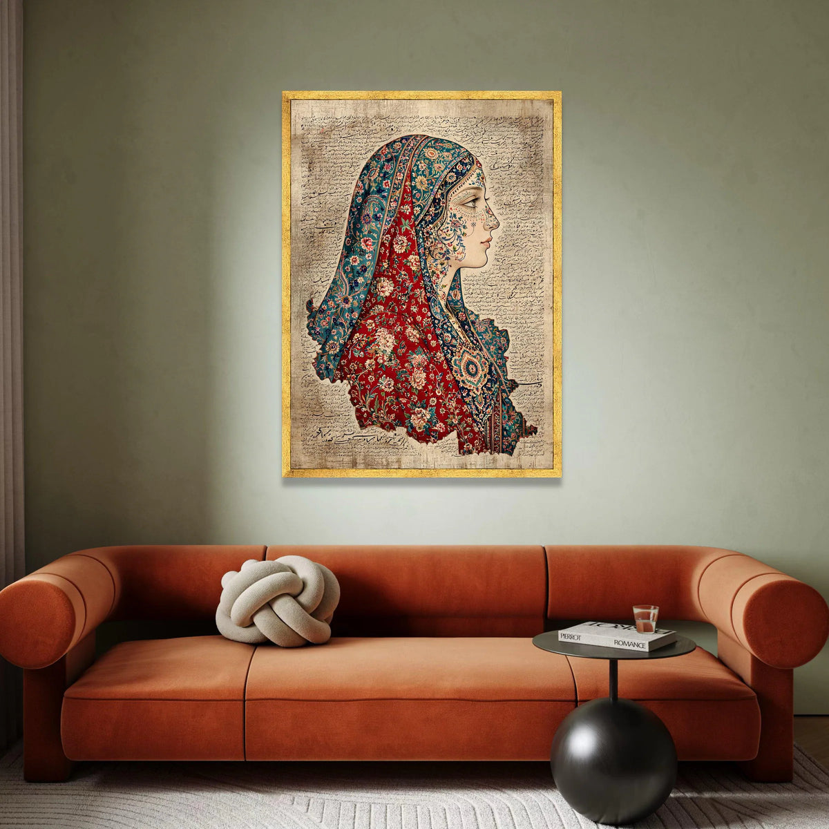 Vintage Persian Woman Portrait Canvas, Floral Turkish Carpet Design, Elegant Profile Wall Art, Middle Eastern Calligraphy Canvas Print Art