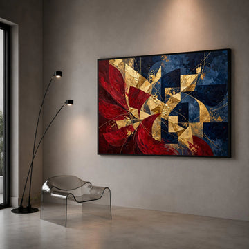Abstract Geometric Canvas Wall Art, Gold and Red Modern Design, Blue and Metallic Home Decor, Contemporary Canvas Painting, Canvas Print Art