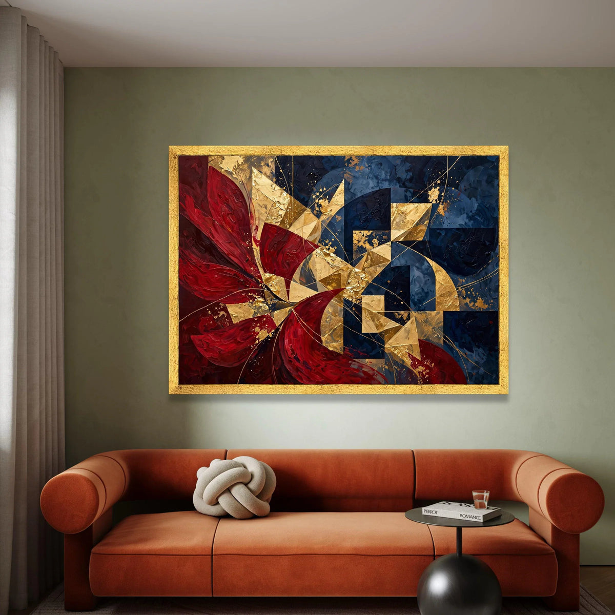 Abstract Geometric Canvas Wall Art, Gold and Red Modern Design, Blue and Metallic Home Decor, Contemporary Canvas Painting, Canvas Print Art