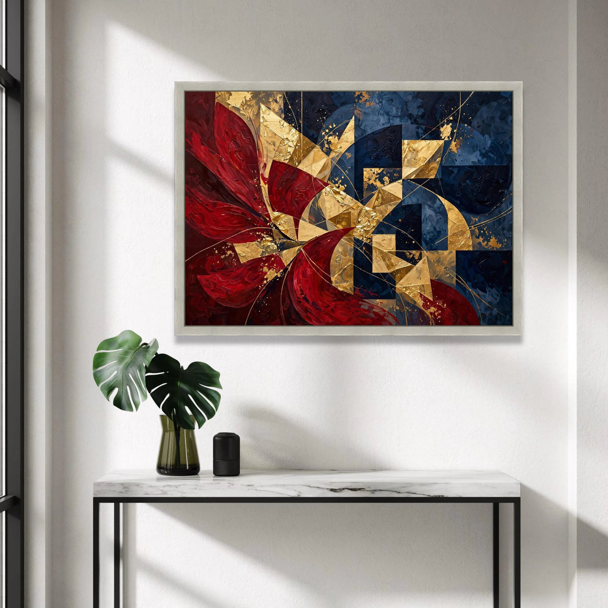 Abstract Geometric Canvas Wall Art, Gold and Red Modern Design, Blue and Metallic Home Decor, Contemporary Canvas Painting, Canvas Print Art