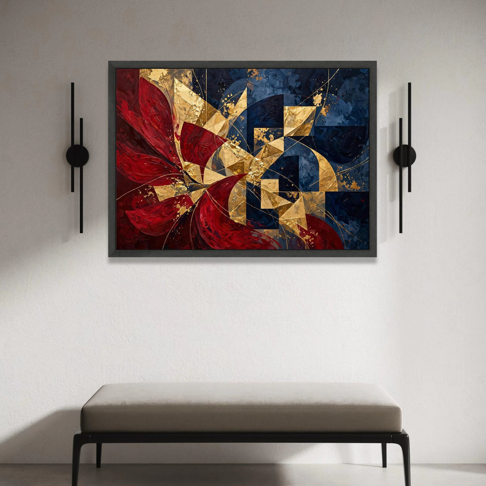 Abstract Geometric Canvas Wall Art, Gold and Red Modern Design, Blue and Metallic Home Decor, Contemporary Canvas Painting, Canvas Print Art