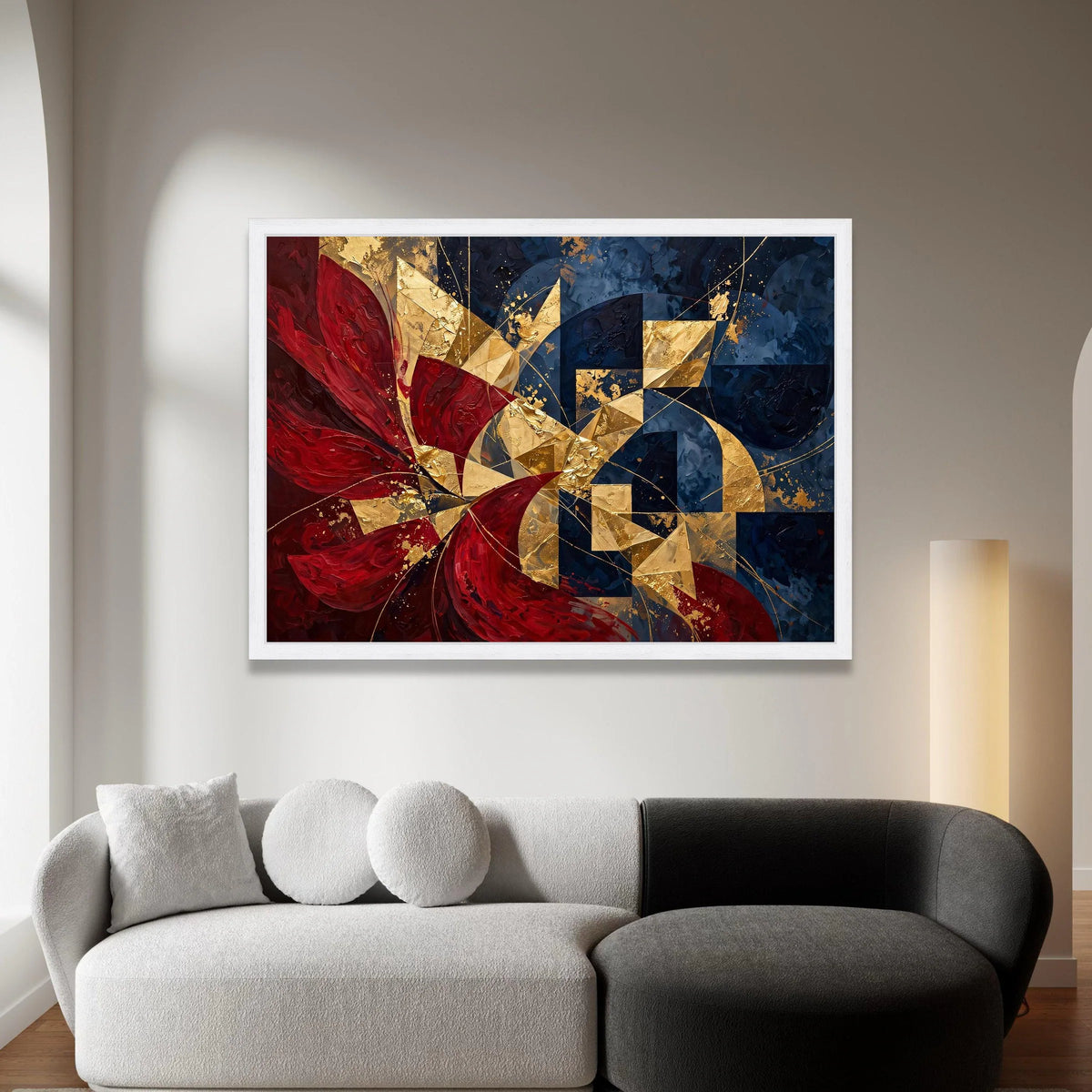 Abstract Geometric Canvas Wall Art, Gold and Red Modern Design, Blue and Metallic Home Decor, Contemporary Canvas Painting, Canvas Print Art