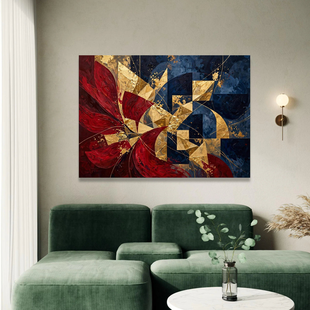 Abstract Geometric Canvas Wall Art, Gold and Red Modern Design, Blue and Metallic Home Decor, Contemporary Canvas Painting, Canvas Print Art
