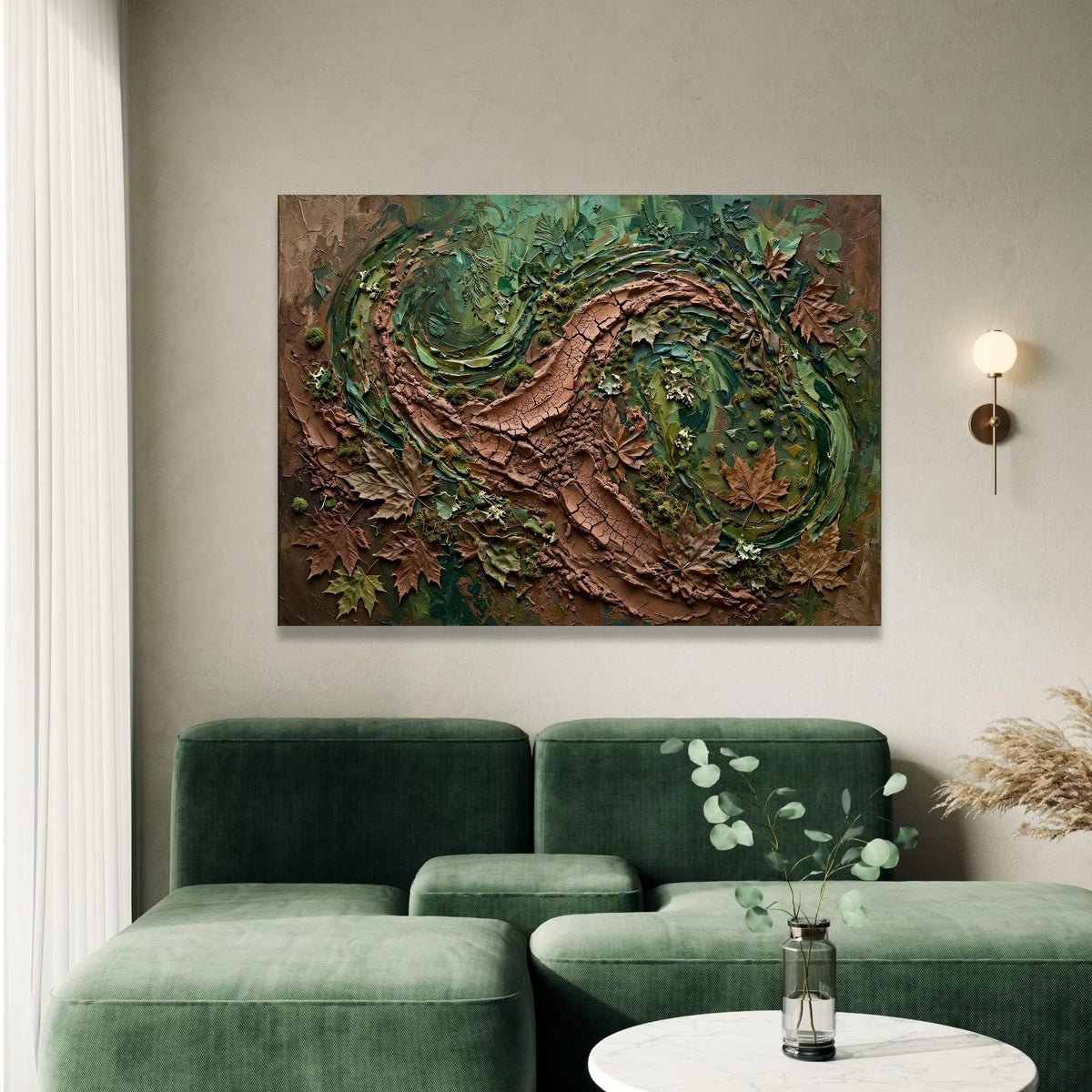 Earthy Swirl Abstract Canvas, Nature Wall Art, Green and Brown Home Decor, Leaf Motif Canvas, Organic Landscape Design Canvas Print Art