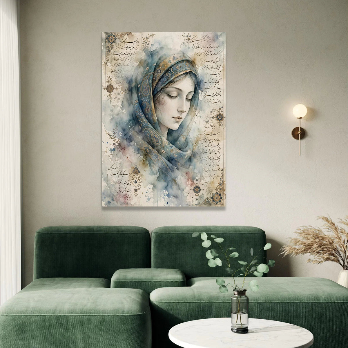 Elegant Woman Portrait Canvas, Persian Calligraphy Art, Blue Floral Headscarf, Vintage Style Wall Art, Ready to Hang Home Canvas Print Art