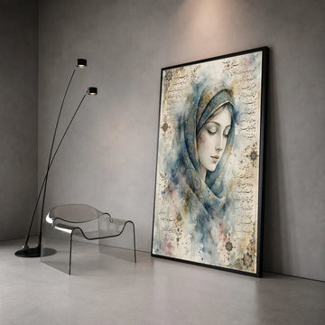 Elegant Woman Portrait Canvas, Persian Calligraphy Art, Blue Floral Headscarf, Vintage Style Wall Art, Ready to Hang Home Canvas Print Art