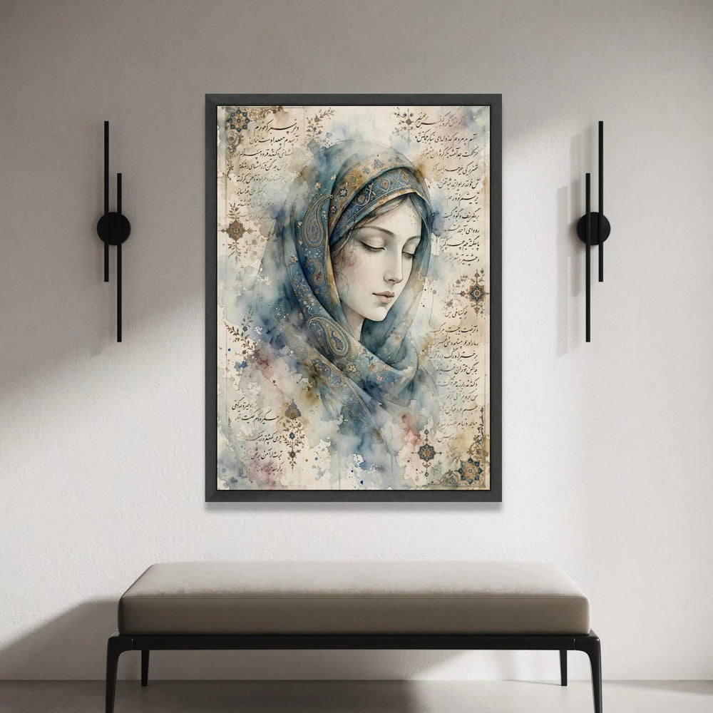 Elegant Woman Portrait Canvas, Persian Calligraphy Art, Blue Floral Headscarf, Vintage Style Wall Art, Ready to Hang Home Canvas Print Art