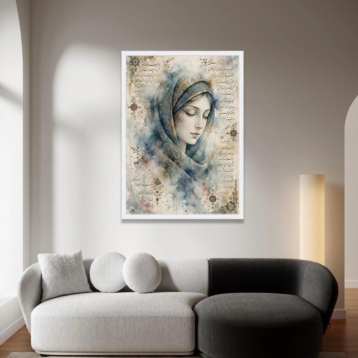 Elegant Woman Portrait Canvas, Persian Calligraphy Art, Blue Floral Headscarf, Vintage Style Wall Art, Ready to Hang Home Canvas Print Art