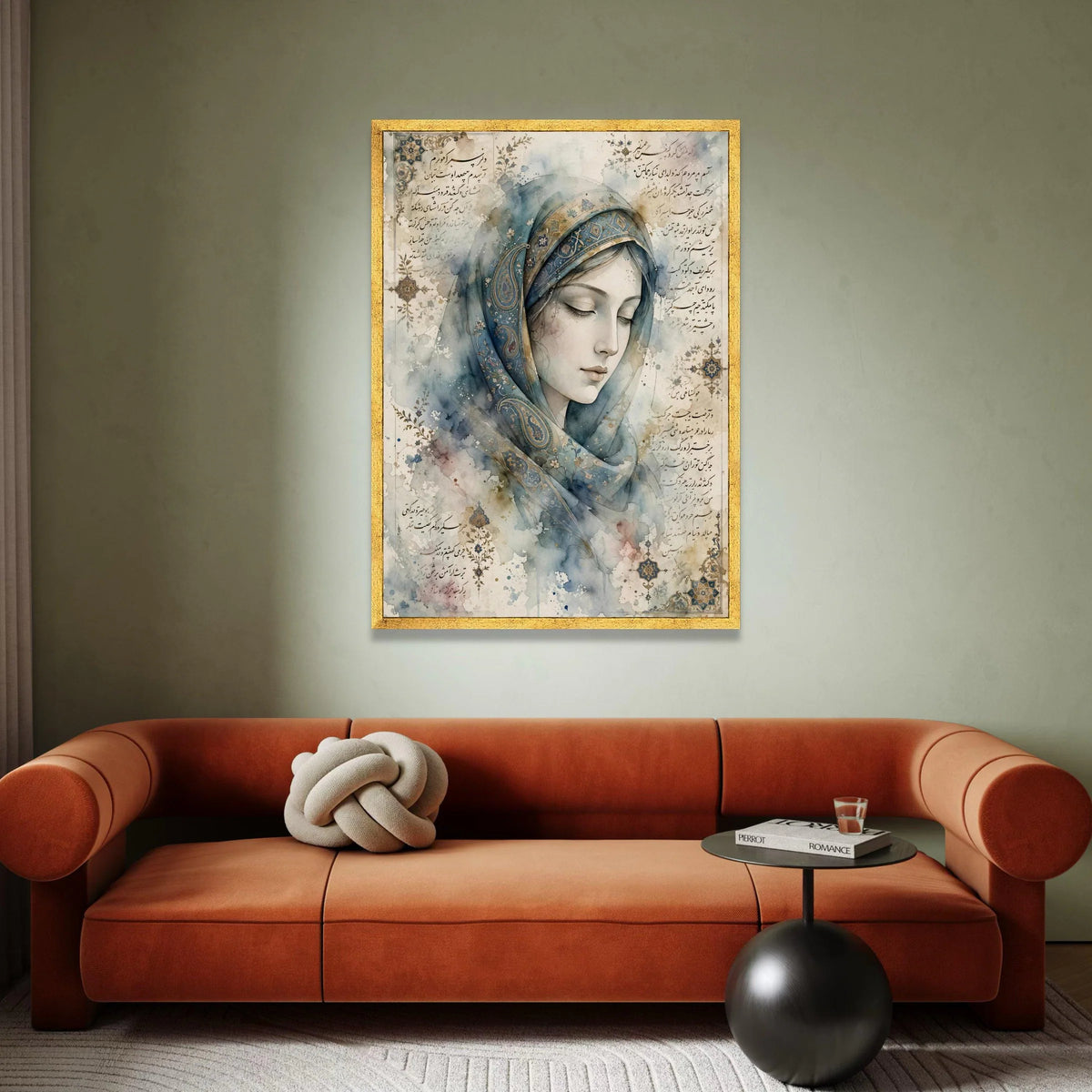 Elegant Woman Portrait Canvas, Persian Calligraphy Art, Blue Floral Headscarf, Vintage Style Wall Art, Ready to Hang Home Canvas Print Art