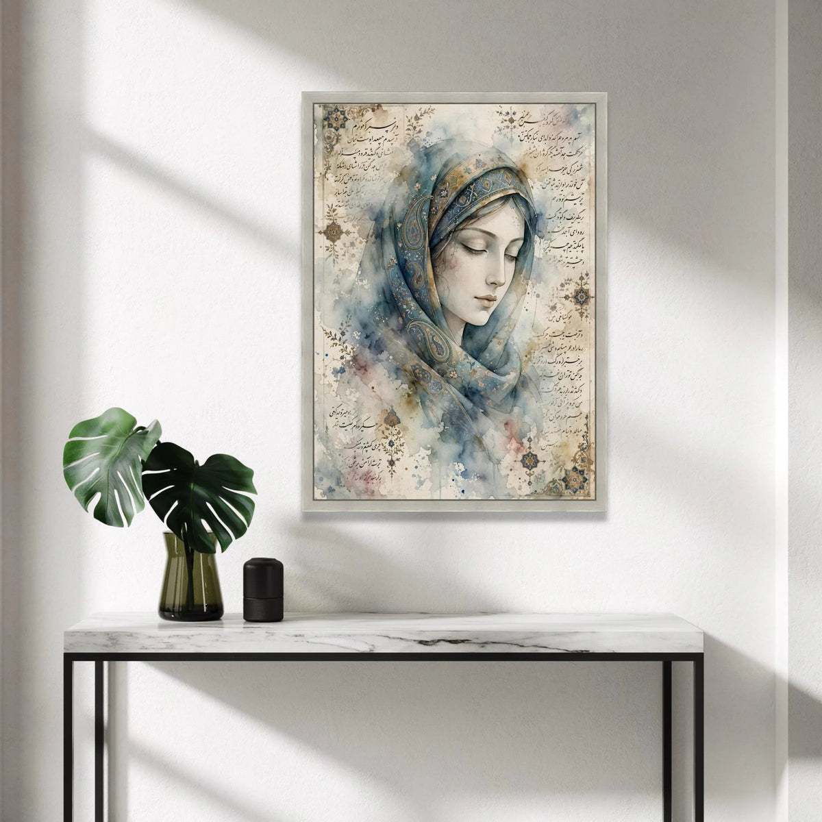 Elegant Woman Portrait Canvas, Persian Calligraphy Art, Blue Floral Headscarf, Vintage Style Wall Art, Ready to Hang Home Canvas Print Art