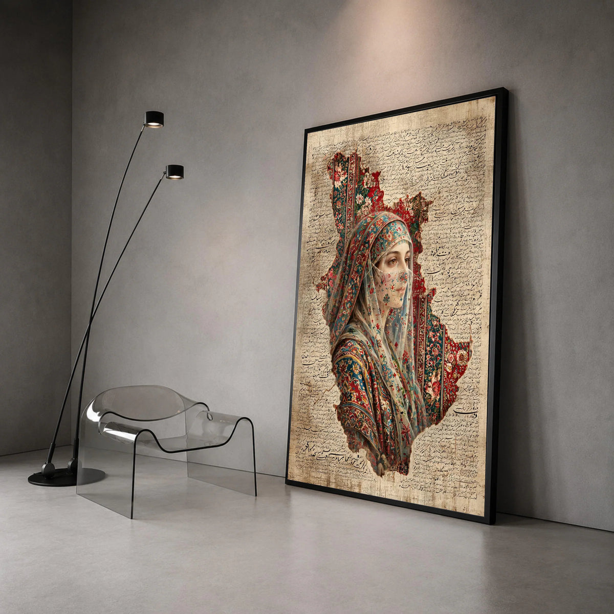Persian Woman Floral Veil Canvas, Traditional Middle Eastern Portrait, Calligraphy Background Wall Art, Cultural Home Canvas Print Art