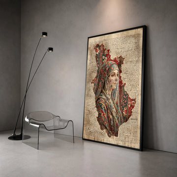 Persian Woman Floral Veil Canvas, Traditional Middle Eastern Portrait, Calligraphy Background Wall Art, Cultural Home Canvas Print Art