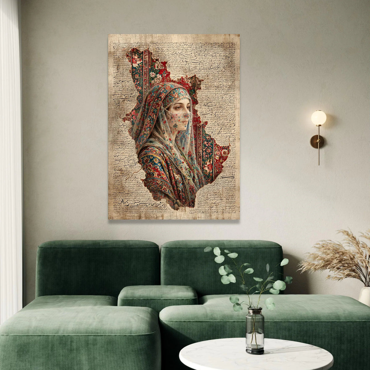 Persian Woman Floral Veil Canvas, Traditional Middle Eastern Portrait, Calligraphy Background Wall Art, Cultural Home Canvas Print Art