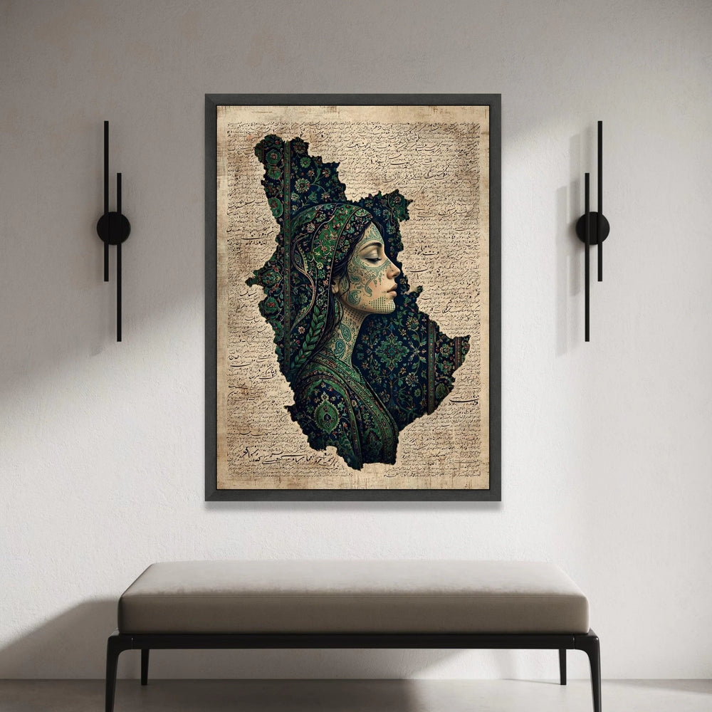 Ethnic Portrait Canvas Wall Art, Persian Calligraphy Background, Woman Profile Artwork, Floral Pattern Canvas, Cultural Canvas Print Art