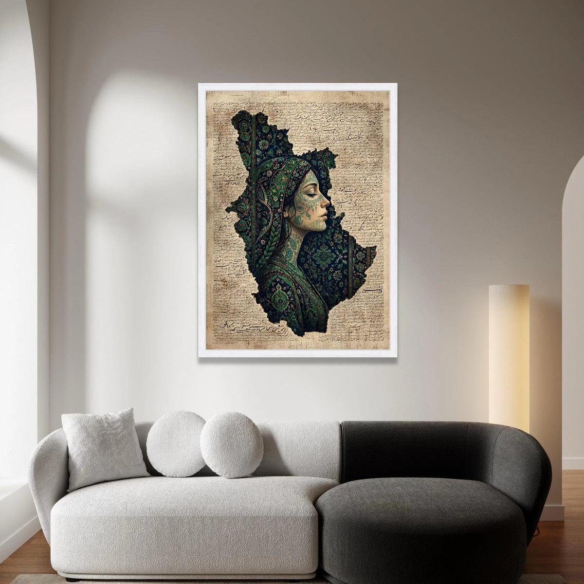 Ethnic Portrait Canvas Wall Art, Persian Calligraphy Background, Woman Profile Artwork, Floral Pattern Canvas, Cultural Canvas Print Art