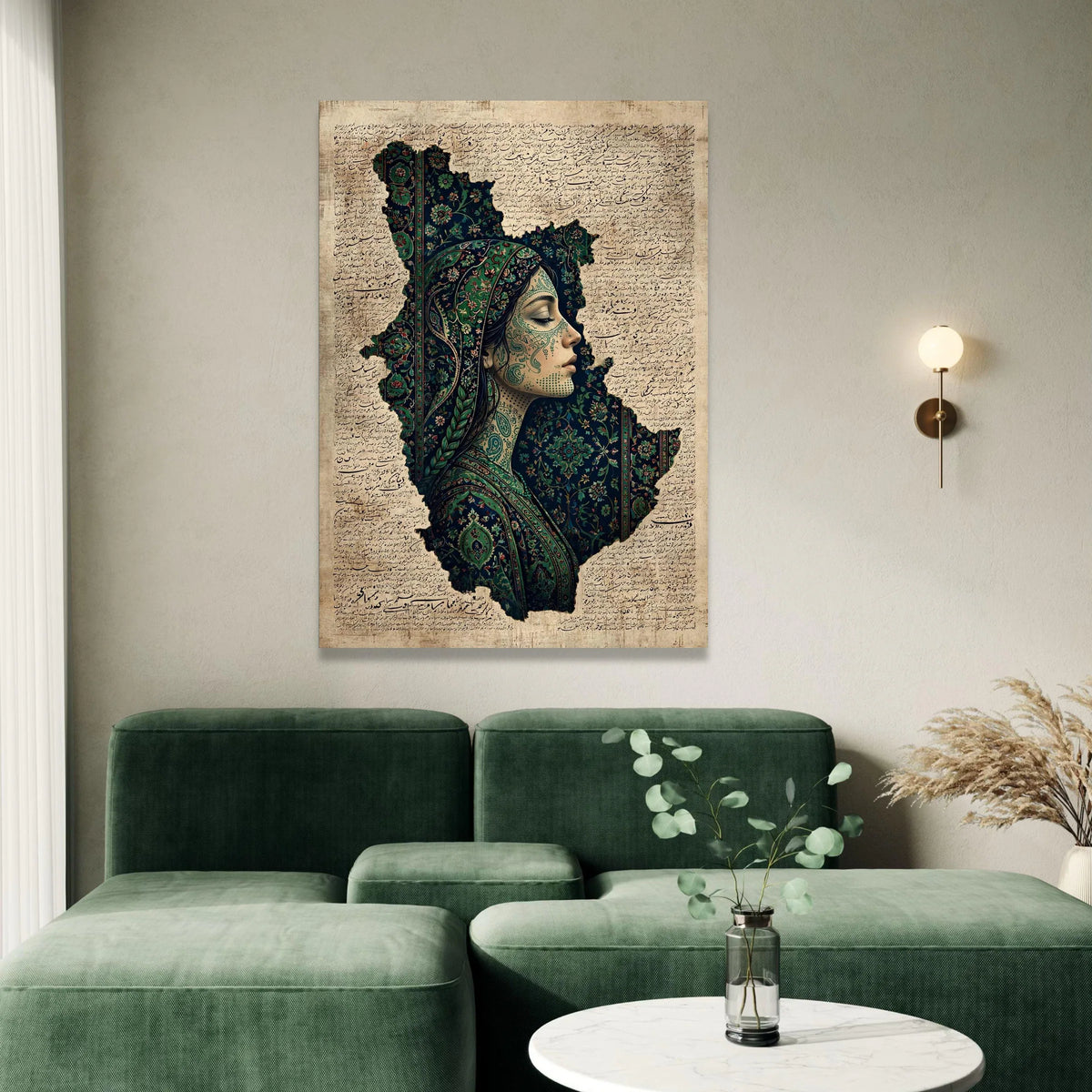 Ethnic Portrait Canvas Wall Art, Persian Calligraphy Background, Woman Profile Artwork, Floral Pattern Canvas, Cultural Canvas Print Art