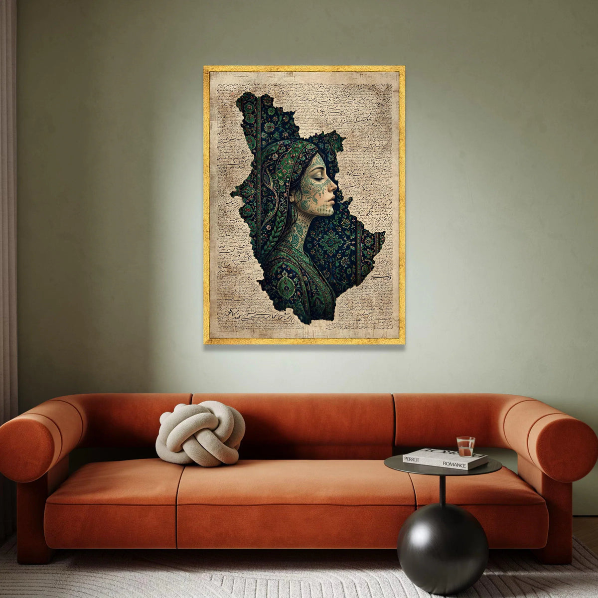 Ethnic Portrait Canvas Wall Art, Persian Calligraphy Background, Woman Profile Artwork, Floral Pattern Canvas, Cultural Canvas Print Art