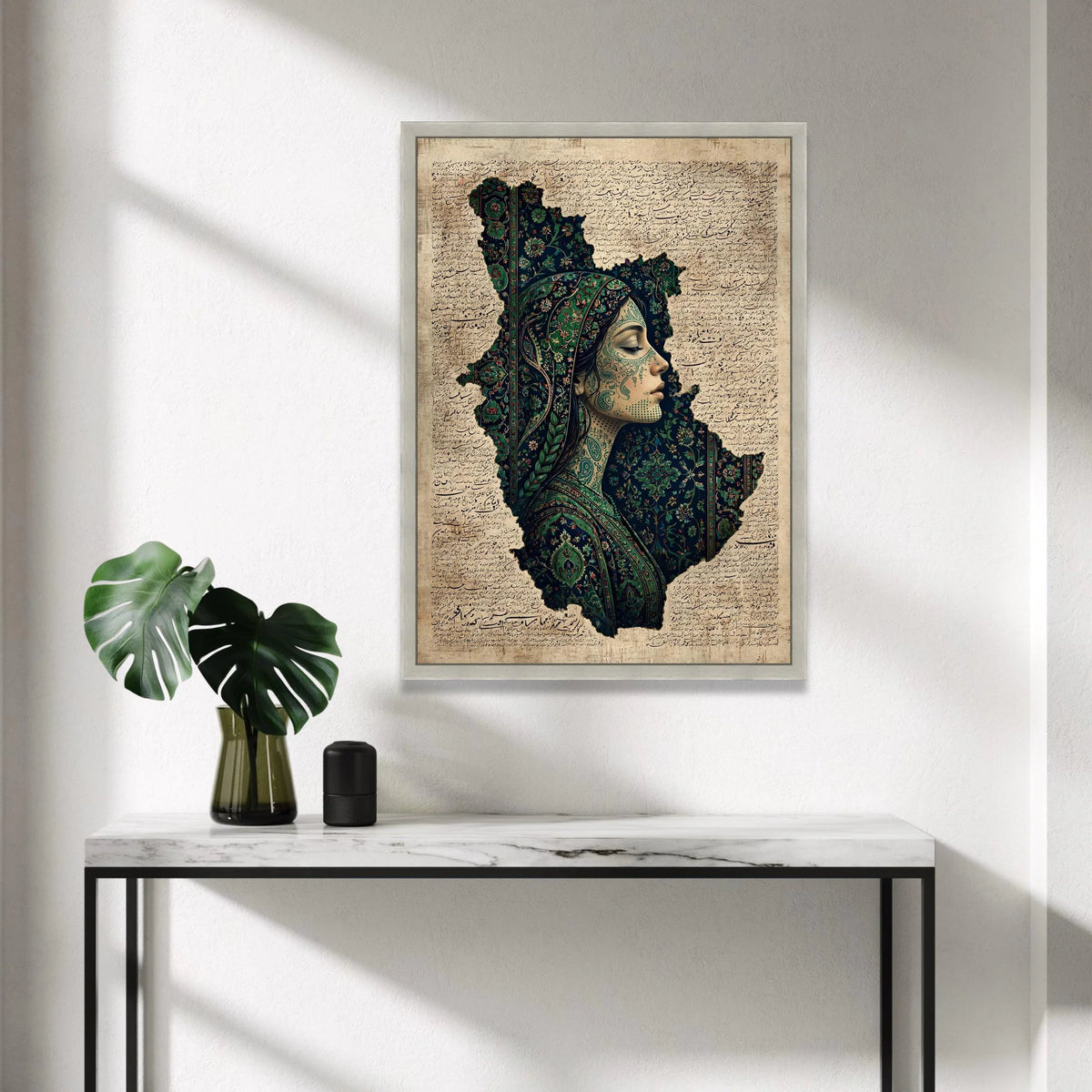 Ethnic Portrait Canvas Wall Art, Persian Calligraphy Background, Woman Profile Artwork, Floral Pattern Canvas, Cultural Canvas Print Art