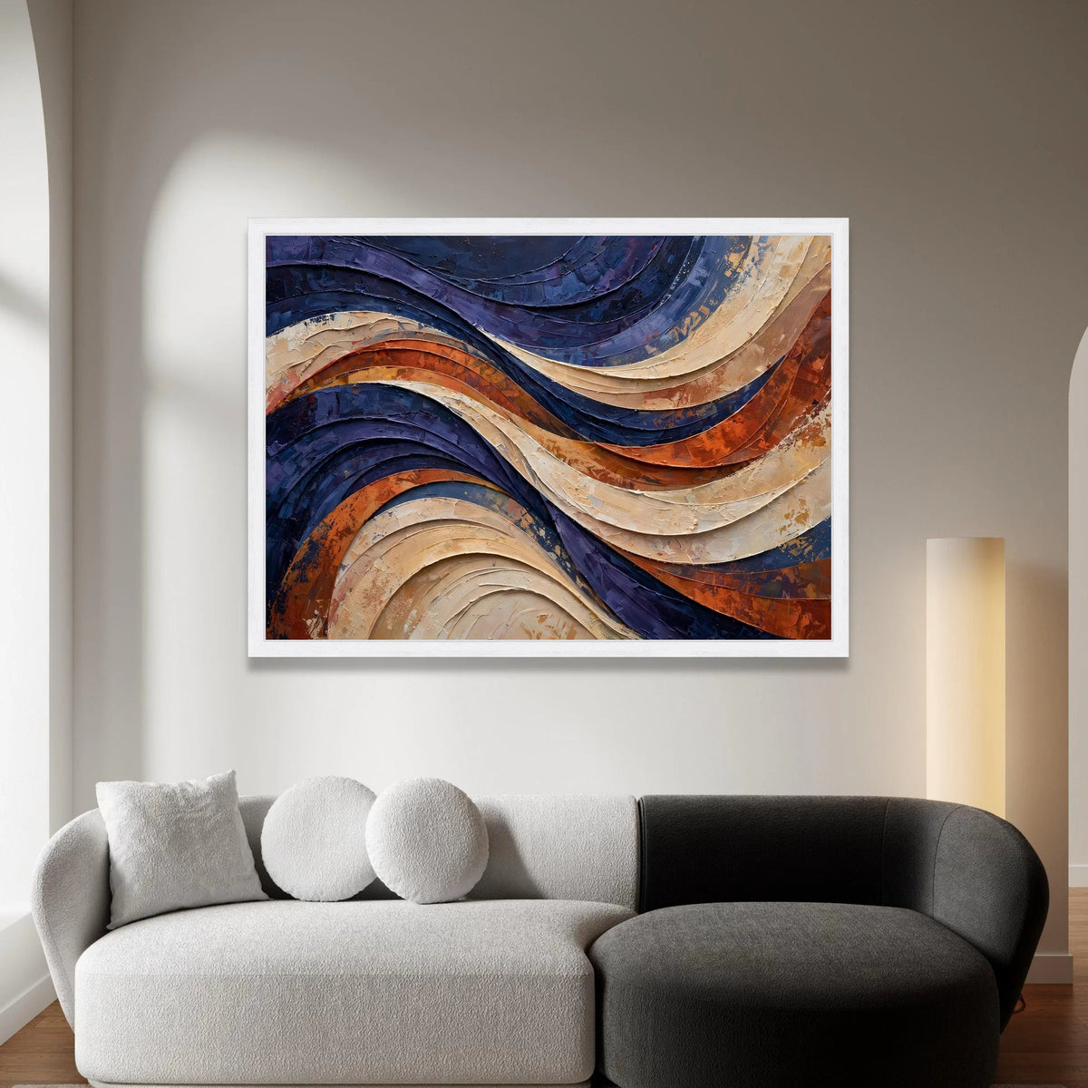 Flowing Wave Abstract Canvas Wall Art, Blue and Earth Tones Modern Home Decor, Curved Lines Canvas Painting, Contemporary Canvas Print Art