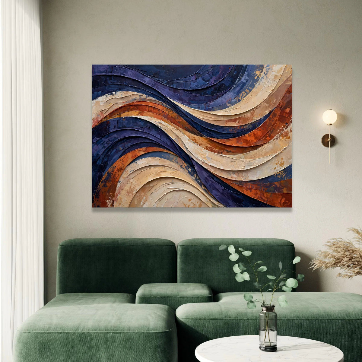Flowing Wave Abstract Canvas Wall Art, Blue and Earth Tones Modern Home Decor, Curved Lines Canvas Painting, Contemporary Canvas Print Art