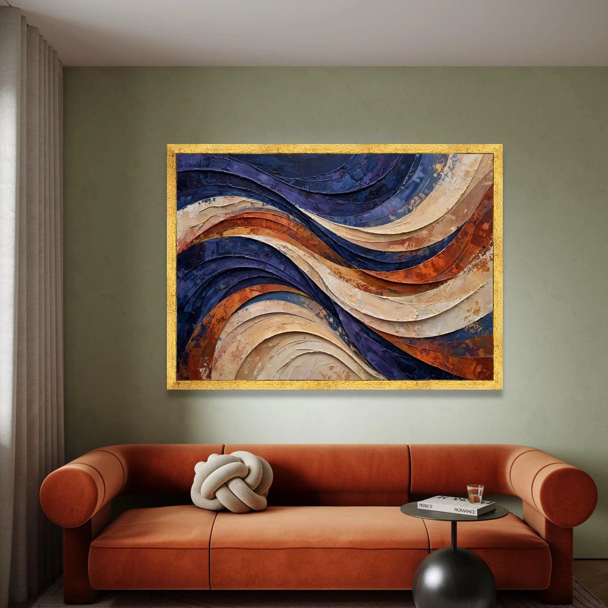 Flowing Wave Abstract Canvas Wall Art, Blue and Earth Tones Modern Home Decor, Curved Lines Canvas Painting, Contemporary Canvas Print Art