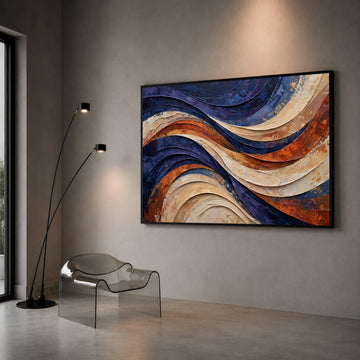Flowing Wave Abstract Canvas Wall Art, Blue and Earth Tones Modern Home Decor, Curved Lines Canvas Painting, Contemporary Canvas Print Art