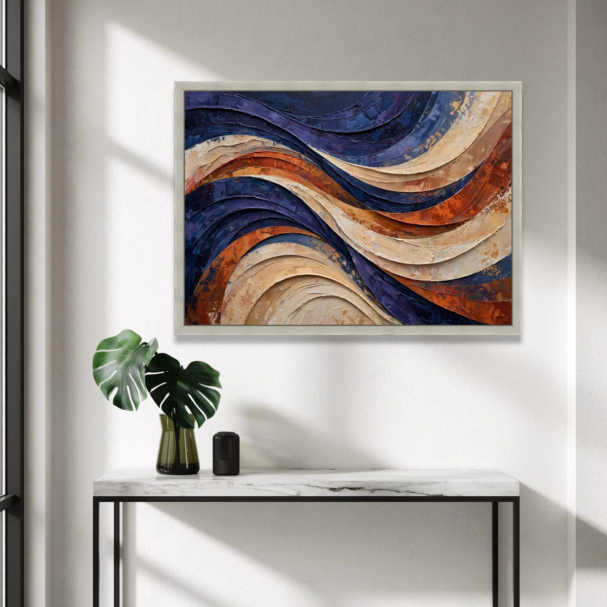 Flowing Wave Abstract Canvas Wall Art, Blue and Earth Tones Modern Home Decor, Curved Lines Canvas Painting, Contemporary Canvas Print Art