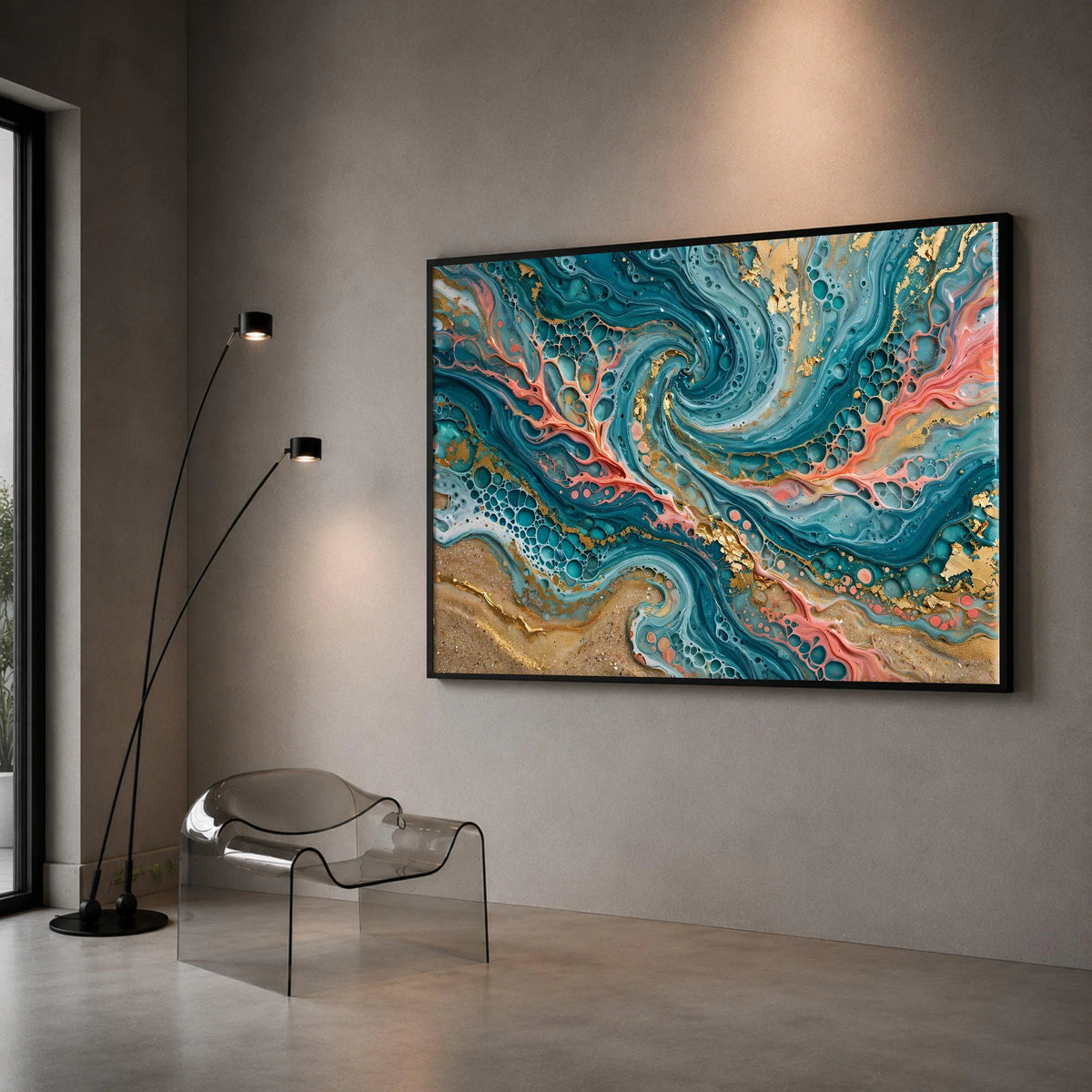 Turquoise Swirl Abstract Canvas, Fluid Art Waves Canvas, Modern Blue Coral Wall Art, Home Decor Painting, Ready to Hang Canvas Print Art