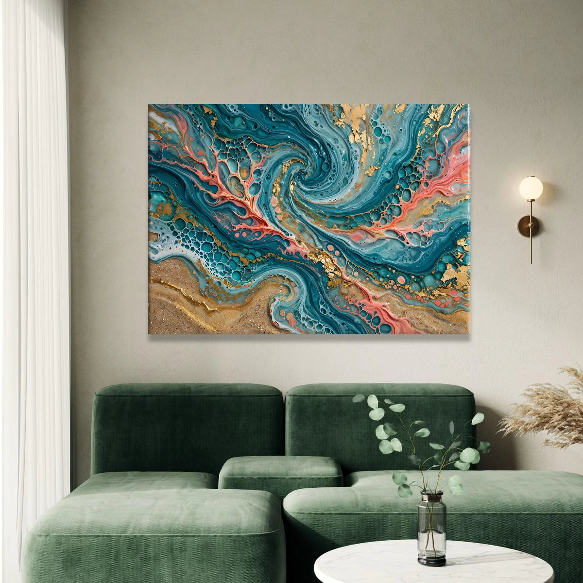 Turquoise Swirl Abstract Canvas, Fluid Art Waves Canvas, Modern Blue Coral Wall Art, Home Decor Painting, Ready to Hang Canvas Print Art