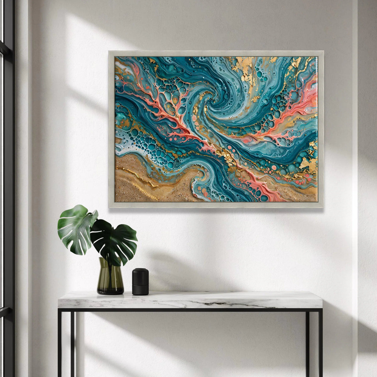 Turquoise Swirl Abstract Canvas, Fluid Art Waves Canvas, Modern Blue Coral Wall Art, Home Decor Painting, Ready to Hang Canvas Print Art