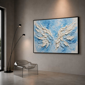 White Angel Wings Canvas Wall Art, Blue Abstract Swirl Background, Spiritual Home Decor, Ready to Hang Canvas Artwork Canvas Print Art