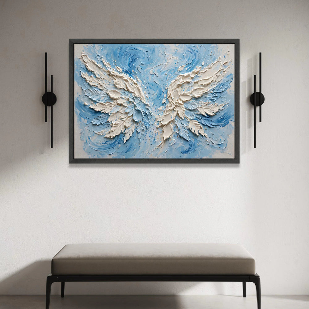 White Angel Wings Canvas Wall Art, Blue Abstract Swirl Background, Spiritual Home Decor, Ready to Hang Canvas Artwork Canvas Print Art