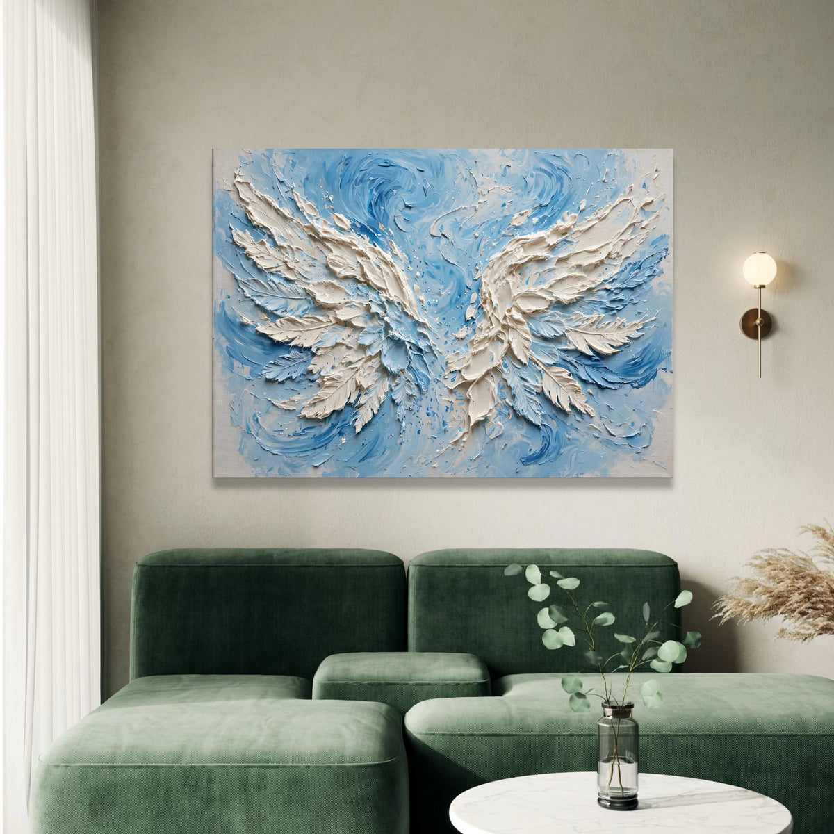 White Angel Wings Canvas Wall Art, Blue Abstract Swirl Background, Spiritual Home Decor, Ready to Hang Canvas Artwork Canvas Print Art
