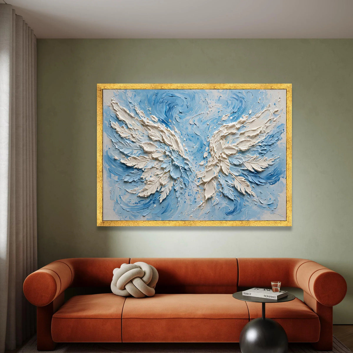 White Angel Wings Canvas Wall Art, Blue Abstract Swirl Background, Spiritual Home Decor, Ready to Hang Canvas Artwork Canvas Print Art