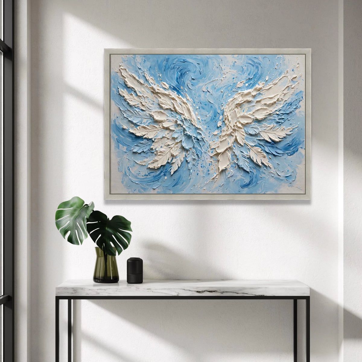 White Angel Wings Canvas Wall Art, Blue Abstract Swirl Background, Spiritual Home Decor, Ready to Hang Canvas Artwork Canvas Print Art