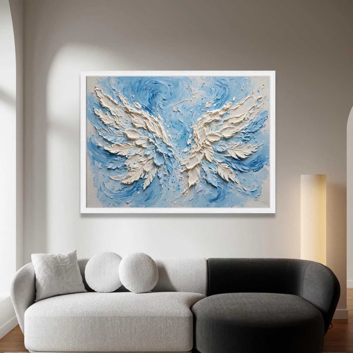 White Angel Wings Canvas Wall Art, Blue Abstract Swirl Background, Spiritual Home Decor, Ready to Hang Canvas Artwork Canvas Print Art